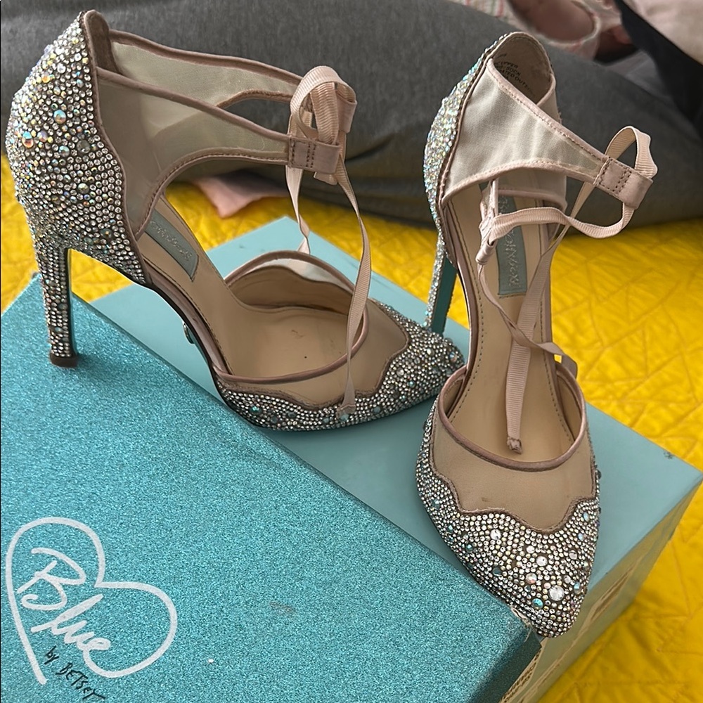 Blue by Betsey Johnson Silver and Tan Rhinestone Wedding Heels